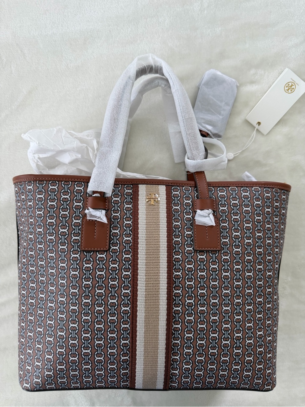 Tory Burch Gemini Link Canvas Tote (Saddle / Light Umber)